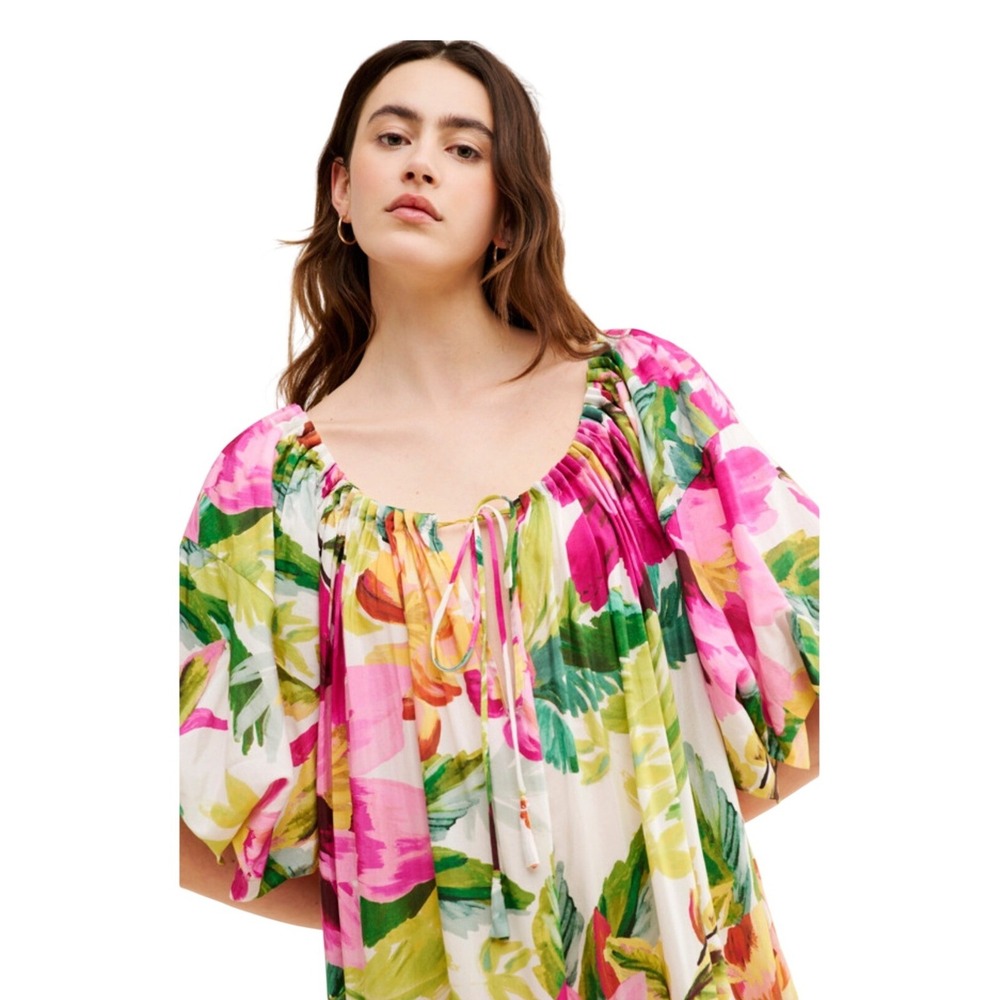 Farm Rio NWT SZ XS Off White Painted Flowers Maxi Dress Off Shoulder Puff Sleeve - Picture 4 of 16